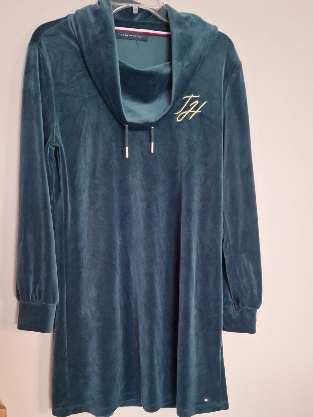 Tommy Hilfiger Green Velvet Scowl Neck Dress with Gold Accent